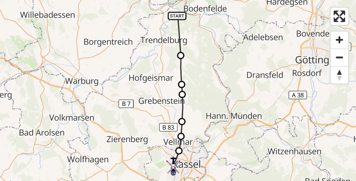 Flugroute Polizeihubschrauber Bad Karlshafen - Kassel, 03 Oktober 2026, 11:17