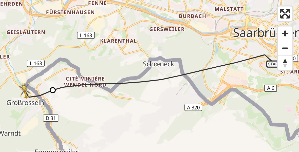 Flugroute Rettungshubschrauber Saarbrücken - Petite-Rosselle, 03 Oktober 2026, 11:23