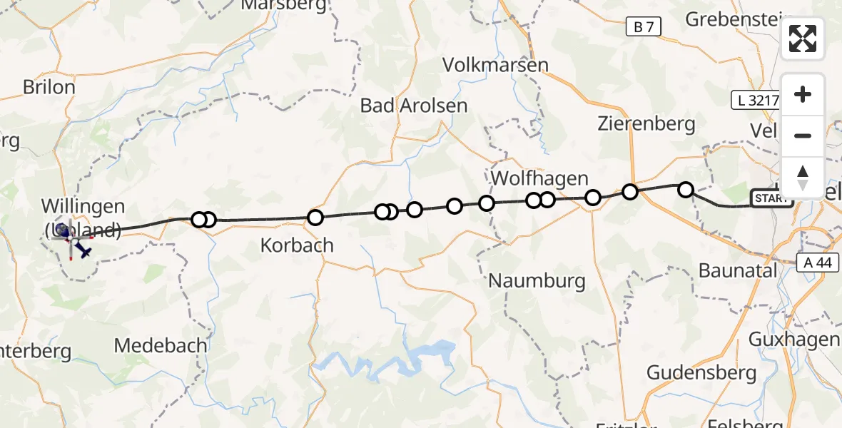 Flugroute Polizeihubschrauber Kassel - Willingen (Upland), 03 Oktober 2026, 11:35