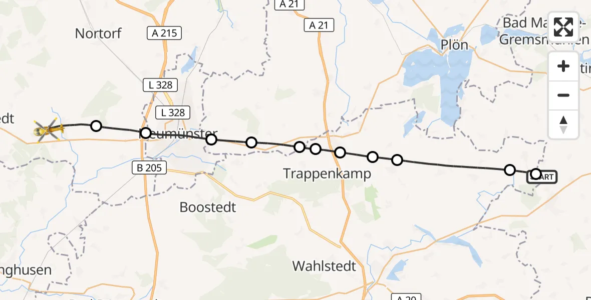 Flugroute Rettungshubschrauber Ahrensbök - Aukrug, 03 Oktober 2026, 11:37