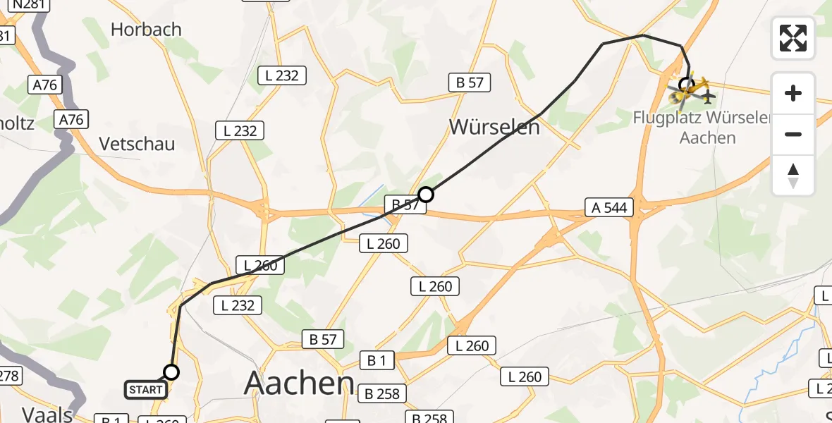 Flugroute Rettungshubschrauber Aachen Hospital - Aachen-Merzbrück Flughafen, 03 Oktober 2026, 11:39