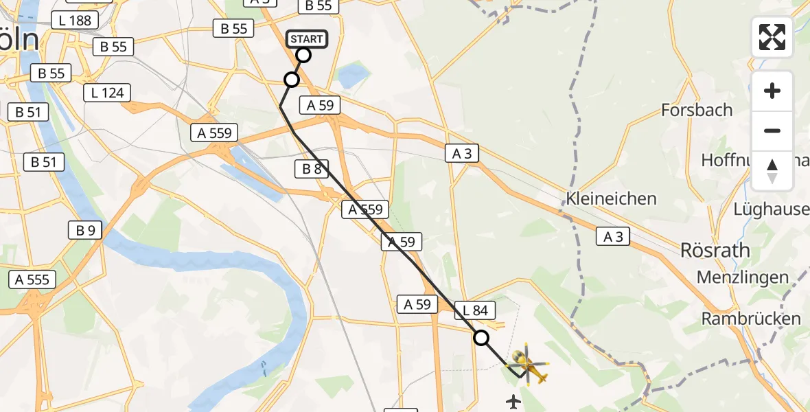 Flugroute Rettungshubschrauber Merheim Hospital - Köln Bonn Flughafen, 03 Oktober 2026, 11:42