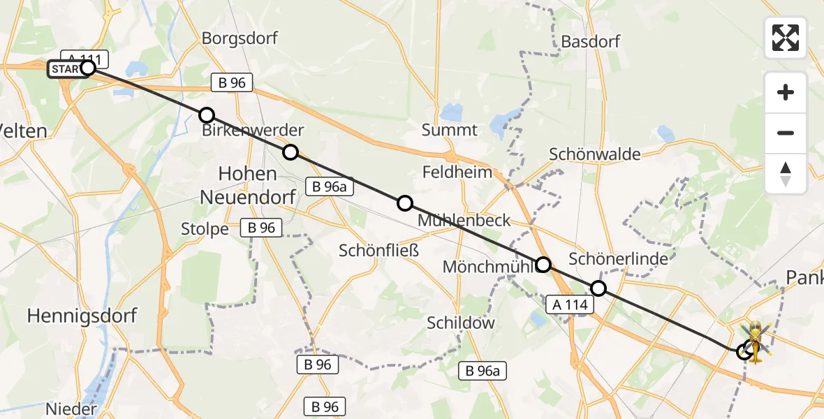 Flugroute Rettungshubschrauber Velten - Helios Clinic Berlin-Buch, 03 Oktober 2026, 11:43
