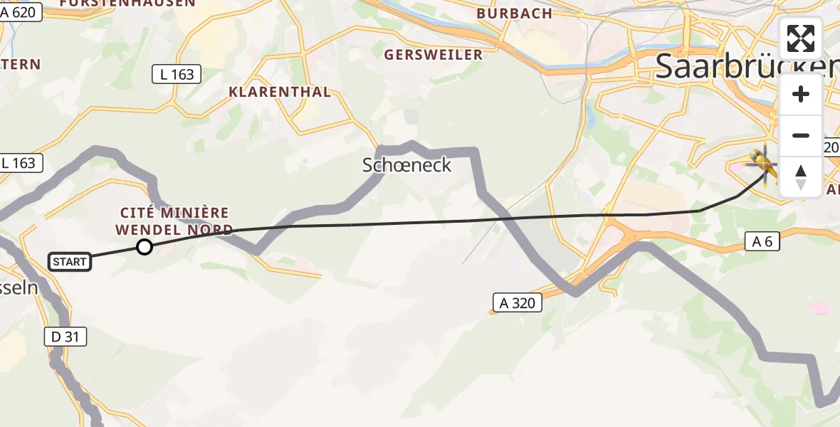 Flugroute Rettungshubschrauber Petite-Rosselle - Saarbrücken, 03 Oktober 2026, 12:00