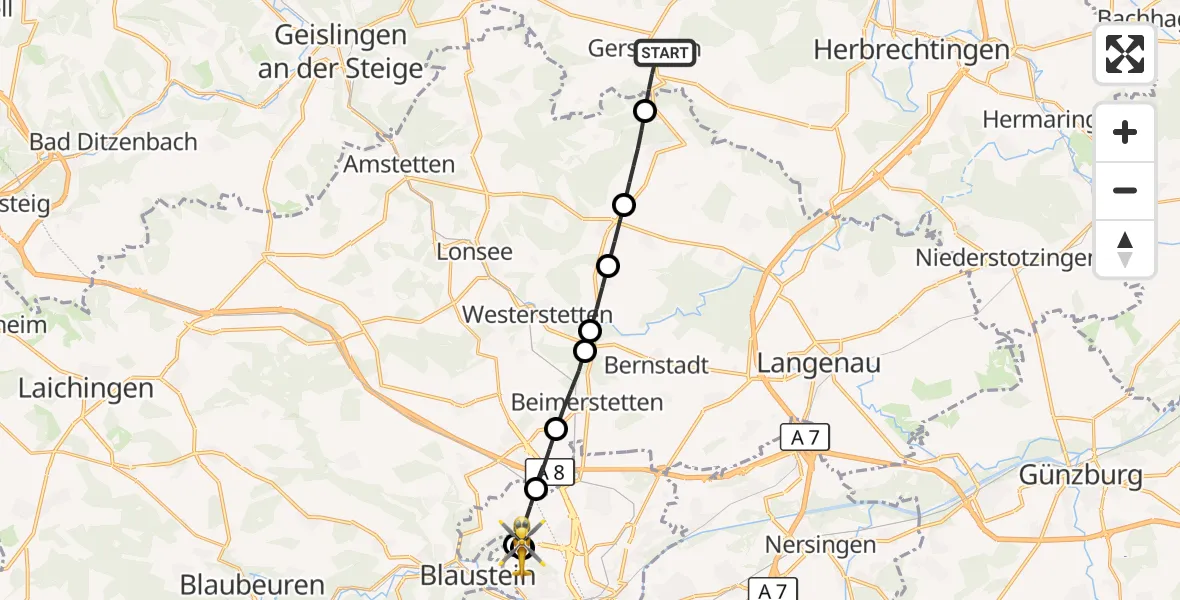 Flugroute Rettungshubschrauber Gerstetten - ADAC Air Rescue Station Ulm (Christoph 22), 03 Oktober 2026, 12:05