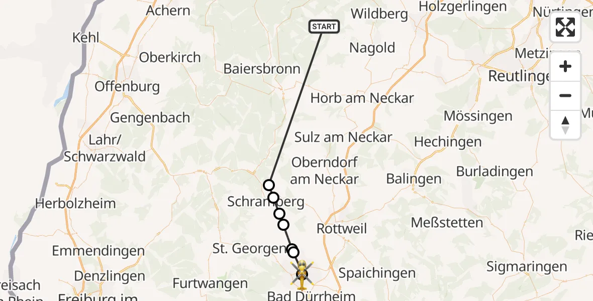 Flugroute Ambulanzhubschrauber Altensteig - DRF Air Rescue Station Villingen-Schwenningen Hubschrauberlandeplatz (Christoph 11), 03 Oktober 2026, 12:10