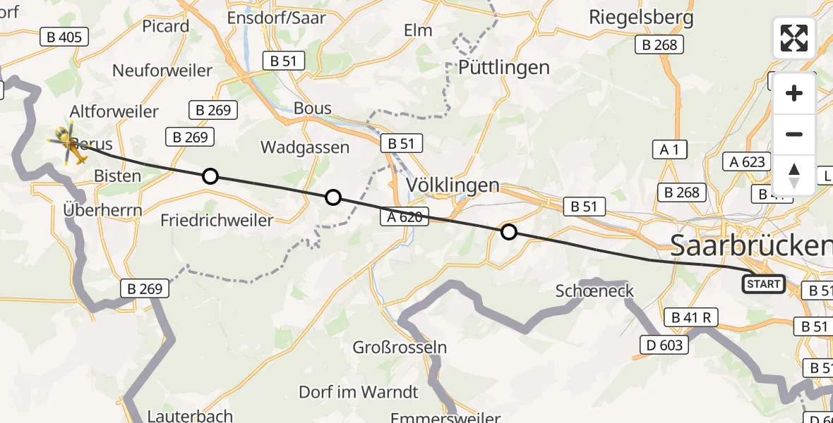 Flugroute Rettungshubschrauber Saarbrücken - Überherrn, 03 Oktober 2026, 12:11