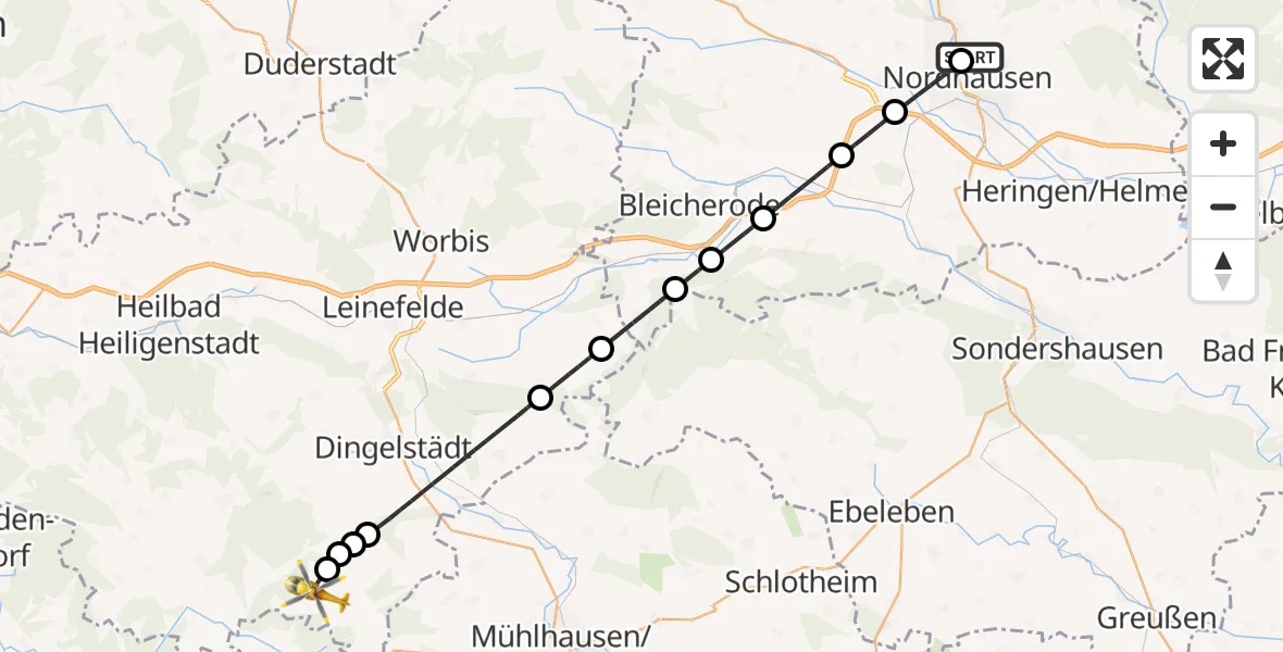 Flugroute Rettungshubschrauber Südharz Hospital Nordhausen - Effelder, 03 Oktober 2026, 12:14