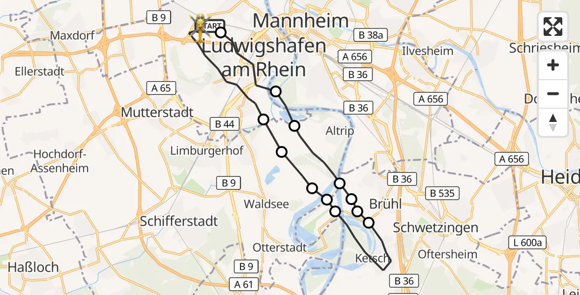 Flugroute Rettungshubschrauber Ludwigshafen Accident Hospital - Ludwigshafen Accident Hospital, 03 Oktober 2026, 12:16