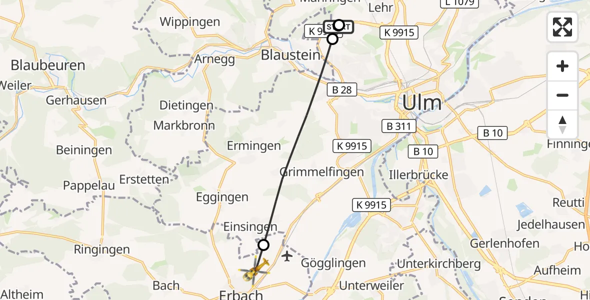 Flugroute Rettungshubschrauber Ulm Military Hospital Emergency - Erbach, 03 Oktober 2026, 12:20
