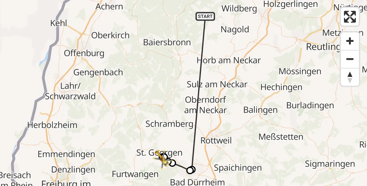 Flugroute Ambulanzhubschrauber Altensteig - Unterkirnach, 03 Oktober 2026, 12:26