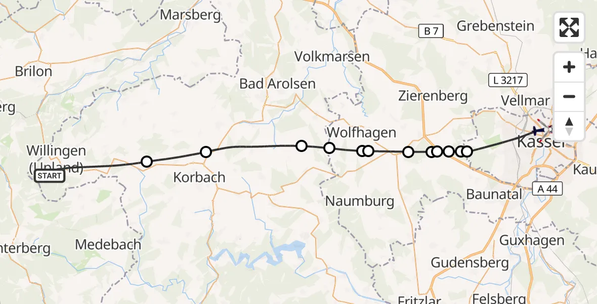 Flugroute Polizeihubschrauber Willingen (Upland) - Kassel, 03 Oktober 2026, 12:29