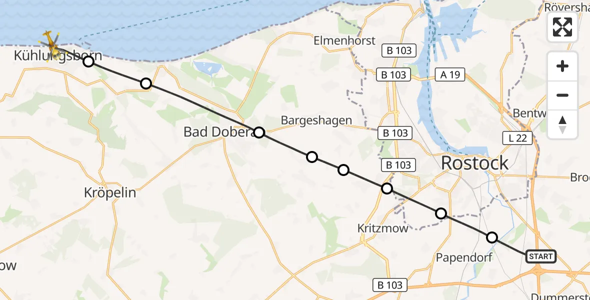 Flugroute Ambulanzhubschrauber Dummerstorf - Kühlungsborn, 03 Oktober 2026, 12:31