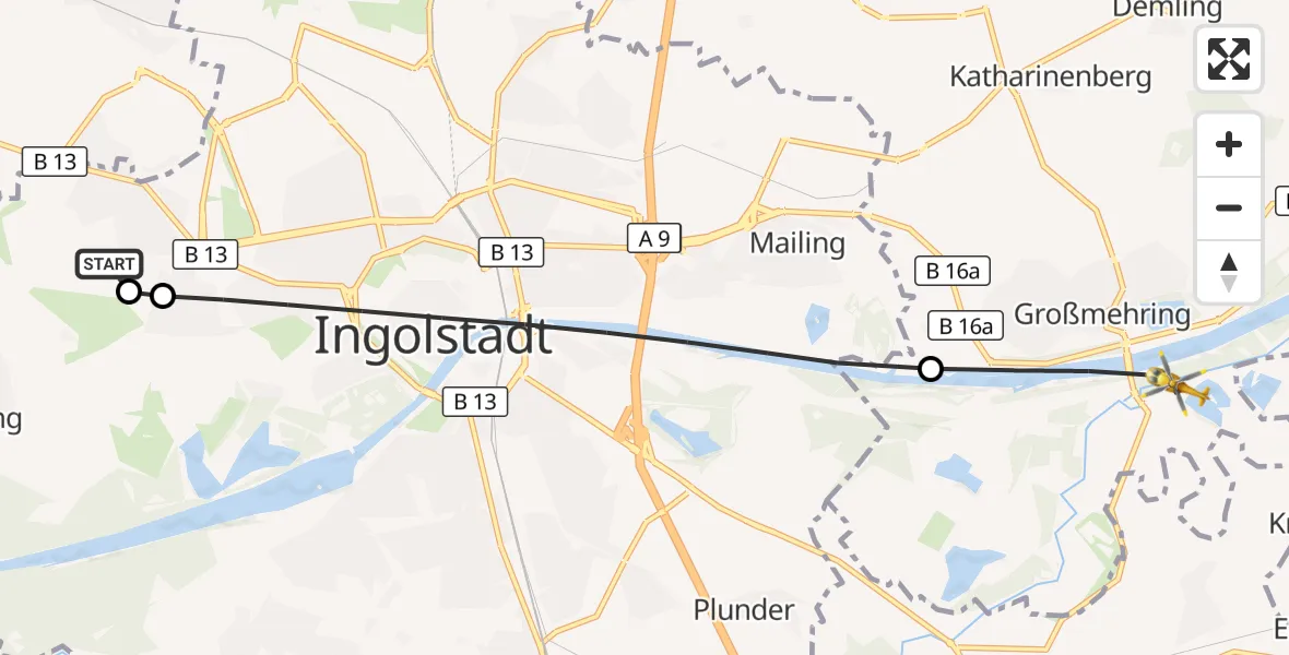 Flugroute Rettungshubschrauber Ingolstadt Hospital - Großmehring, 03 Oktober 2026, 12:52