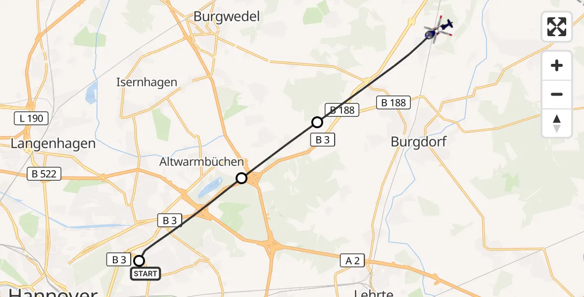 Flugroute Polizeihubschrauber Hannover Luftrettung Hubschrauberlandeplatz (Christoph 4) - Burgdorf, 03 Oktober 2026, 12:52