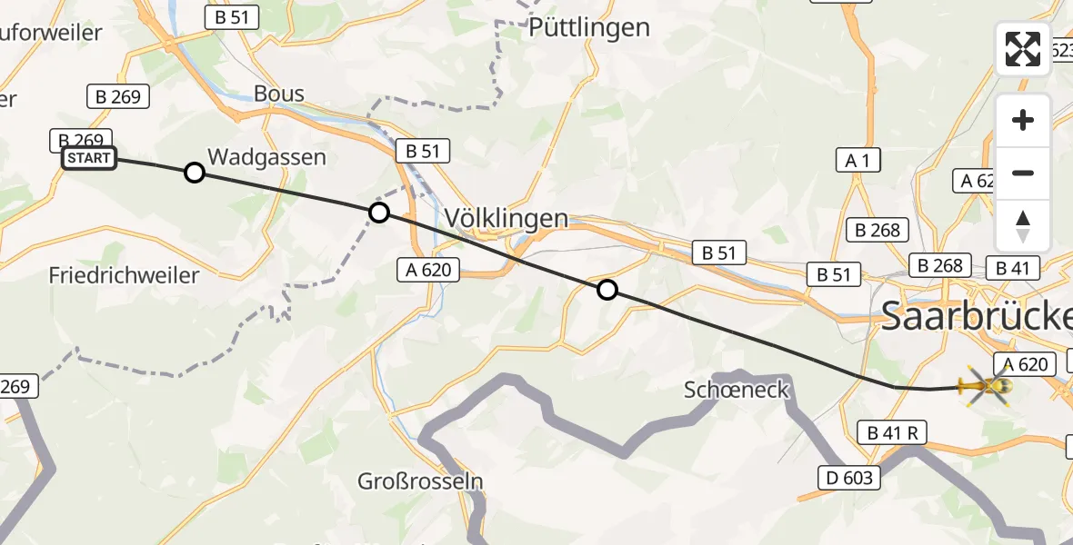 Flugroute Rettungshubschrauber Überherrn - Saarbrücken, 03 Oktober 2026, 12:55