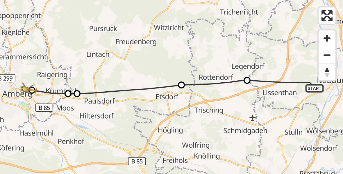 Flugroute Ambulanzhubschrauber Nabburg - Sankt Marien Hospital Amberg, 03 Oktober 2026, 12:58