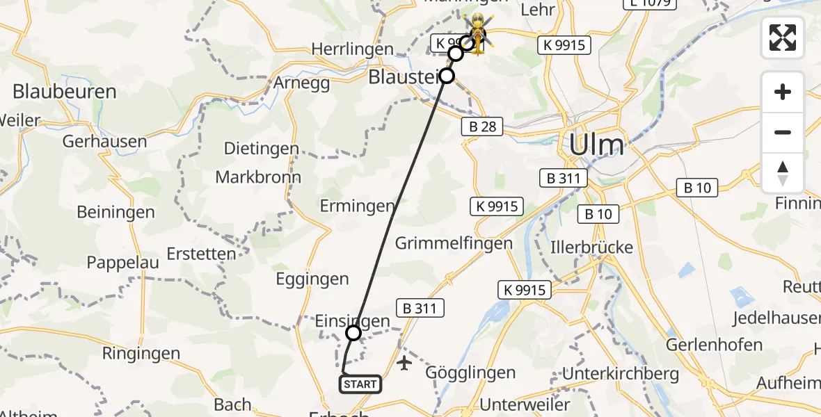 Flugroute Rettungshubschrauber Erbach - ADAC Air Rescue Station Ulm (Christoph 22), 03 Oktober 2026, 13:00