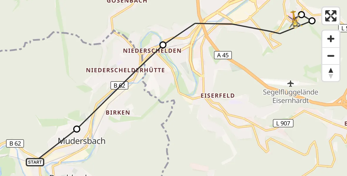 Flugroute Rettungshubschrauber Brachbach - Evangelisches Jung-Stilling Hospital, 03 Oktober 2026, 13:14