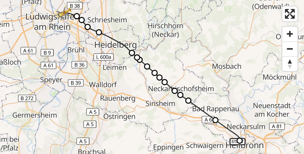Flugroute Rettungshubschrauber Heilbronn Hospital - Mannheim, 03 Oktober 2026, 13:15