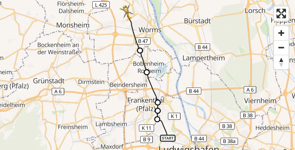 Flugroute Rettungshubschrauber Ludwigshafen am Rhein - Worms, 03 Oktober 2026, 13:26