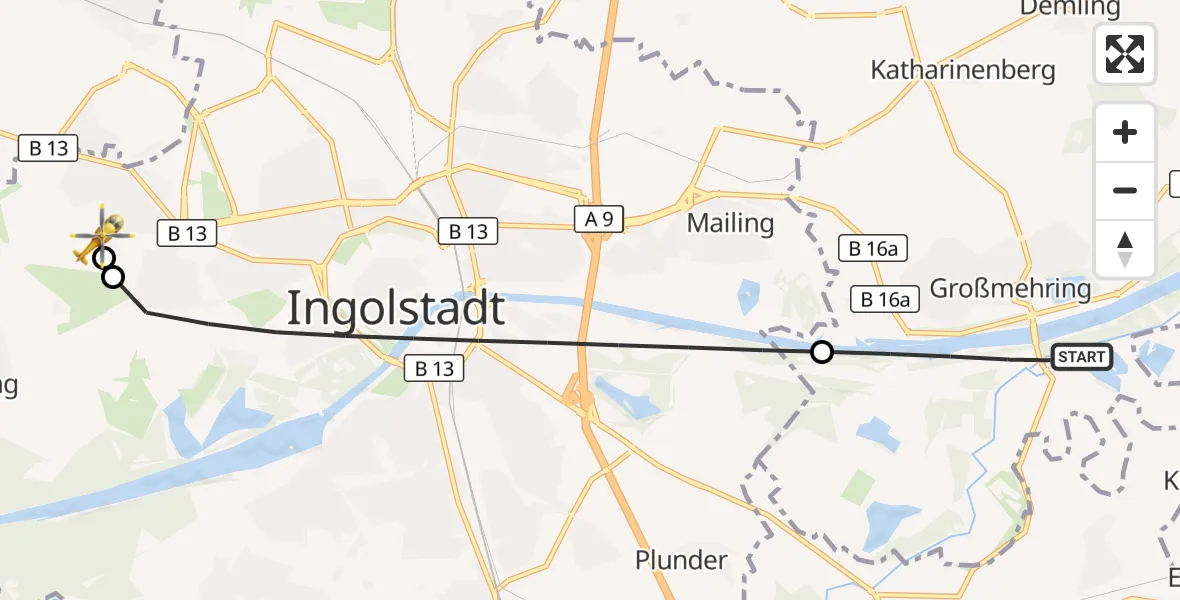 Flugroute Rettungshubschrauber Großmehring - Ingolstadt Hospital, 03 Oktober 2026, 13:34