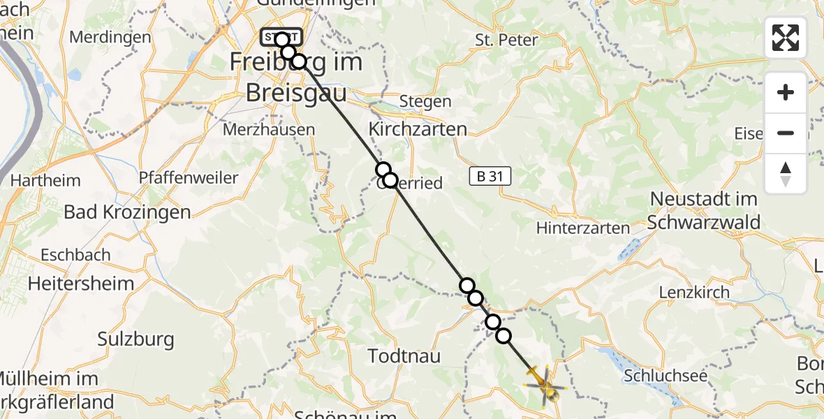 Flugroute Ambulanzhubschrauber Freiburg im Breisgau Flugplatz - St. Blasien, 03 Oktober 2026, 13:35