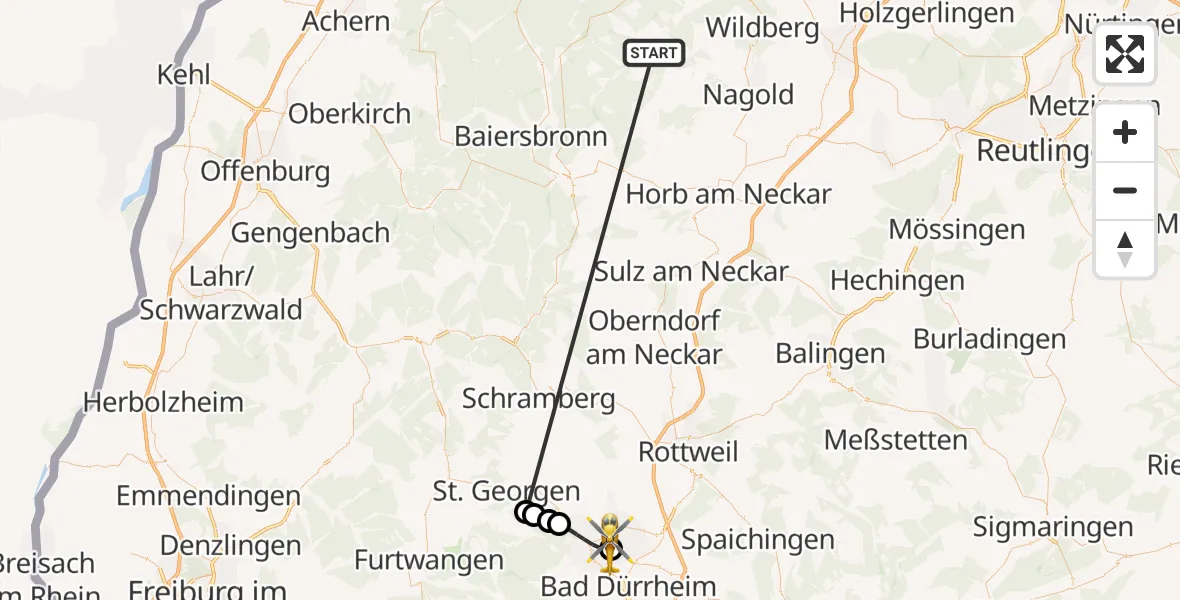 Flugroute Ambulanzhubschrauber Altensteig - DRF Air Rescue Station Villingen-Schwenningen Hubschrauberlandeplatz (Christoph 11), 03 Oktober 2026, 13:45