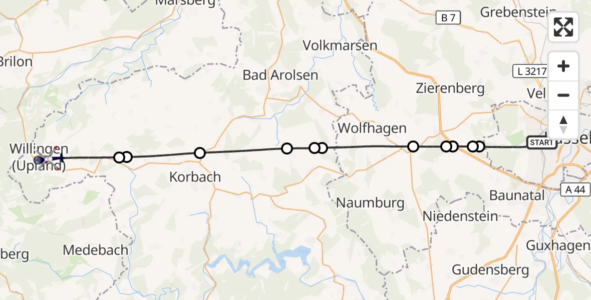 Flugroute Polizeihubschrauber Kassel - Willingen (Upland), 03 Oktober 2026, 13:53