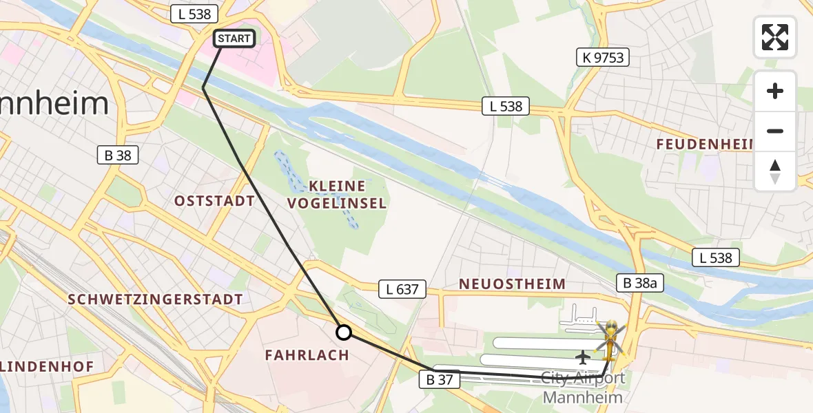 Flugroute Rettungshubschrauber Mannheim - Mannheim-City Flughafen, 03 Oktober 2026, 13:54