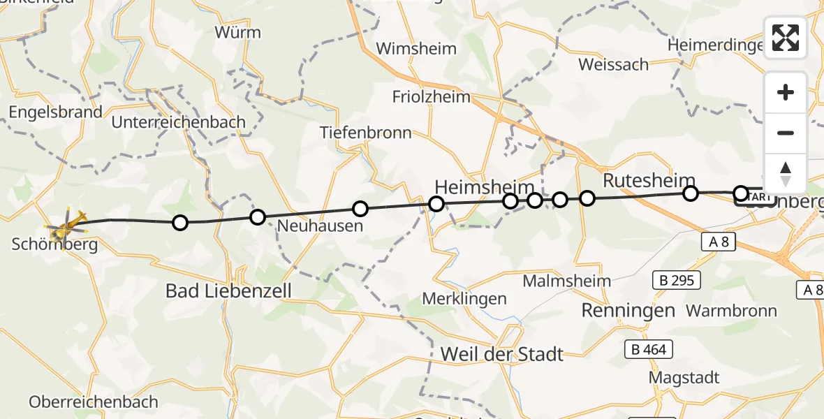 Flugroute Rettungshubschrauber Leonberg Hospital - Schömberg, 03 Oktober 2026, 13:56