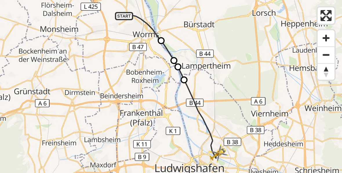 Flugroute Rettungshubschrauber Worms - Mannheim, 03 Oktober 2026, 13:58