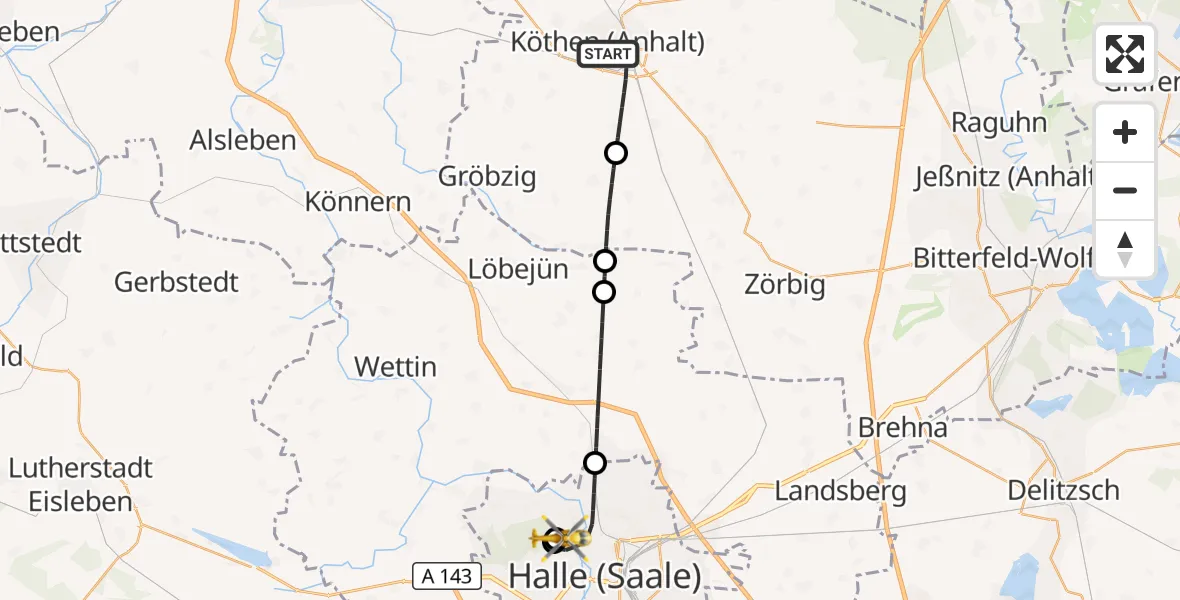Flugroute Rettungshubschrauber Köthen (Anhalt) - Halle (Saale) University Hospital, 03 Oktober 2026, 14:03