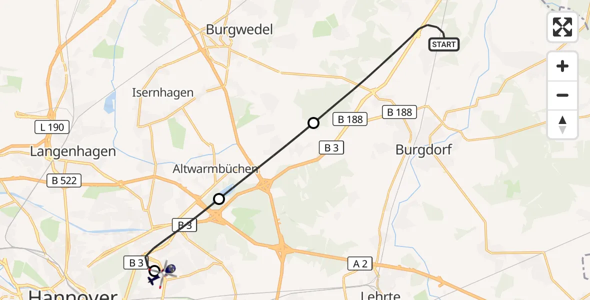 Flugroute Polizeihubschrauber Burgdorf - Hannover Luftrettung Hubschrauberlandeplatz (Christoph 4), 03 Oktober 2026, 14:04