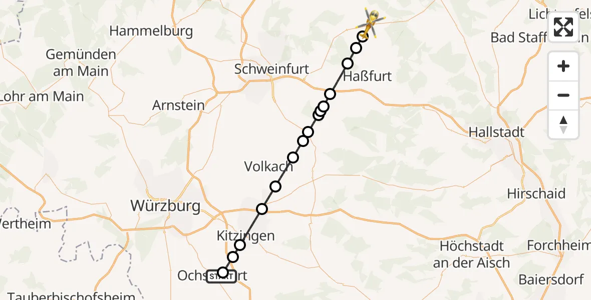 Flugroute Rettungshubschrauber Ochsenfurt - Hofheim i.UFr., 03 Oktober 2026, 14:15
