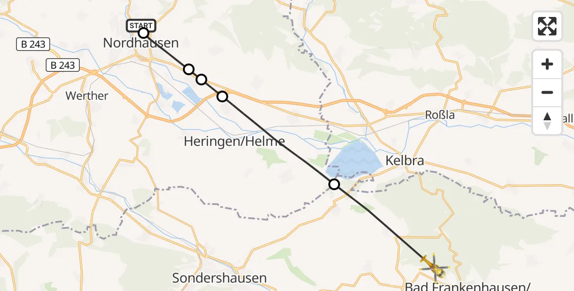 Flugroute Rettungshubschrauber Südharz Hospital Nordhausen - Kyffhäuserland, 03 Oktober 2026, 14:19
