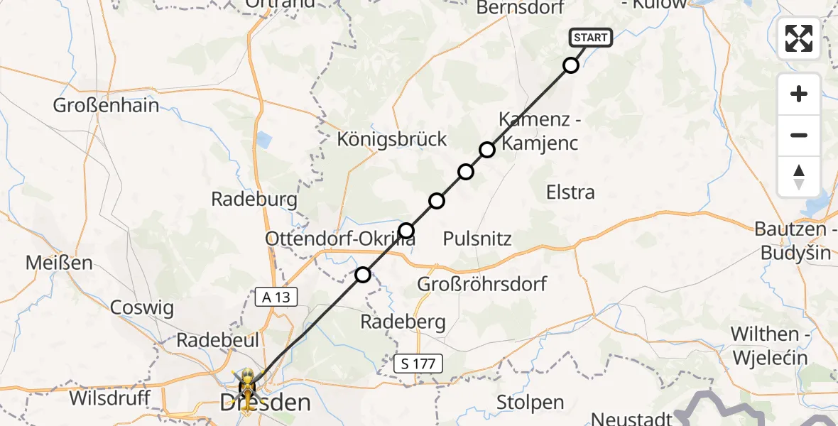 Flugroute Rettungshubschrauber Oßling - Dresden Friedrichstadt Hospital, 03 Oktober 2026, 14:22