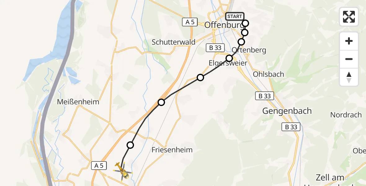 Flugroute Rettungshubschrauber Offenburg - Lahr Flughafen, 03 Oktober 2026, 14:28