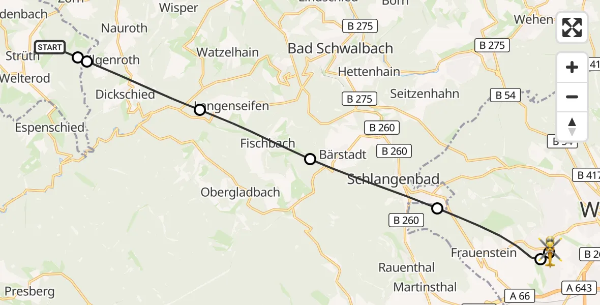 Flugroute Rettungshubschrauber Strüth - Helios Horst Schmidt Klinik (HSK) Hubschrauberlandeplatz, 03 Oktober 2026, 14:40
