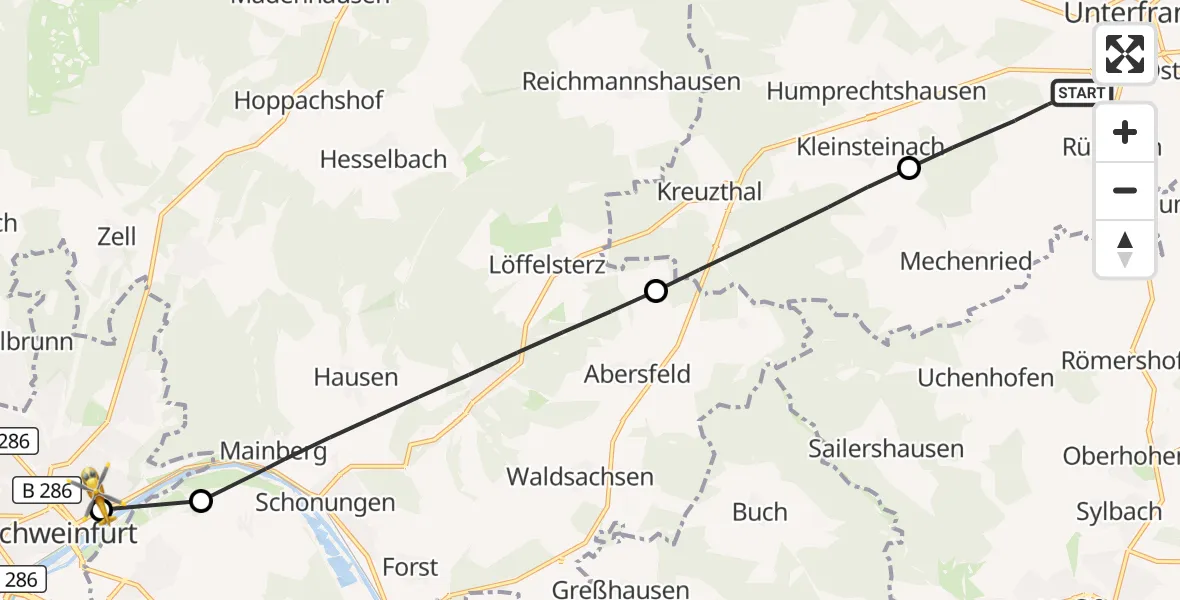 Flugroute Rettungshubschrauber Hofheim i.UFr. - Leopoldina Schweinfurt City Hospital, 03 Oktober 2026, 14:41