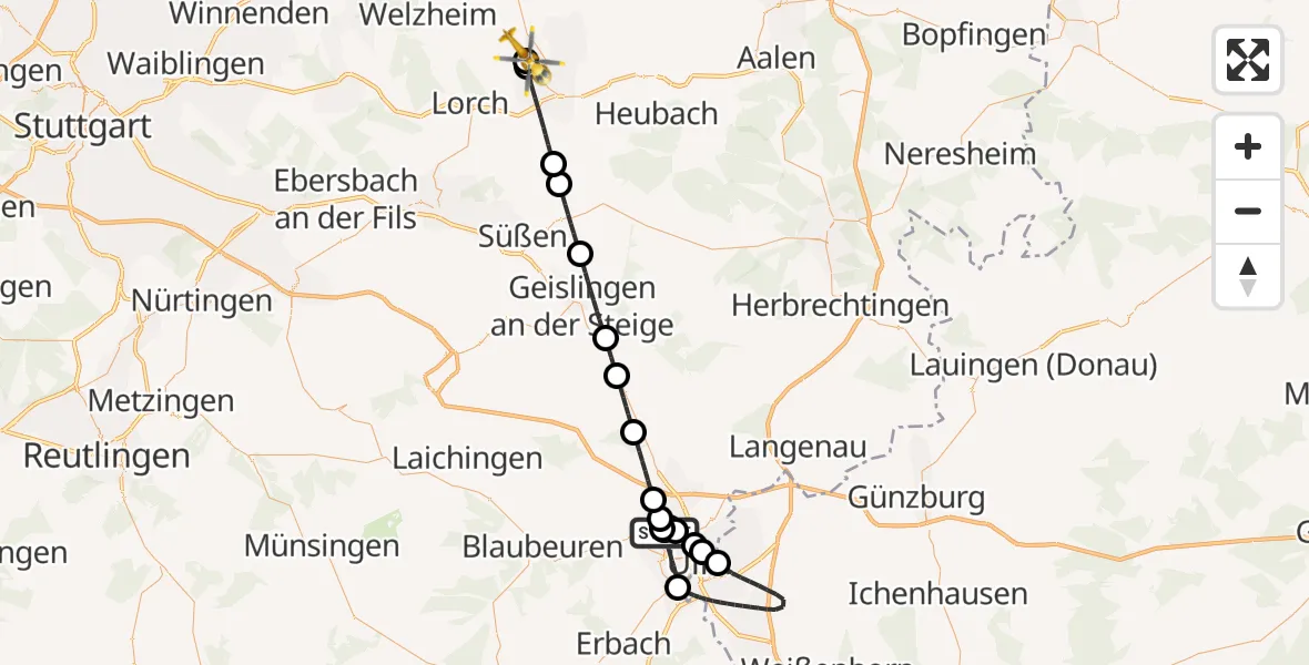 Flugroute Rettungshubschrauber Ulm Military Hospital Emergency - Alfdorf, 03 Oktober 2026, 14:44