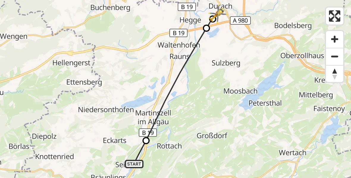 Flugroute Rettungshubschrauber Immenstadt i.Allgäu - Kempten-Durach Flugplatz, 03 Oktober 2026, 14:49