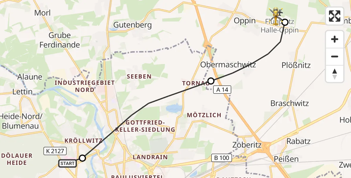 Flugroute Rettungshubschrauber Halle (Saale) University Hospital - Halle-Oppin Flugplatz, 03 Oktober 2026, 14:54