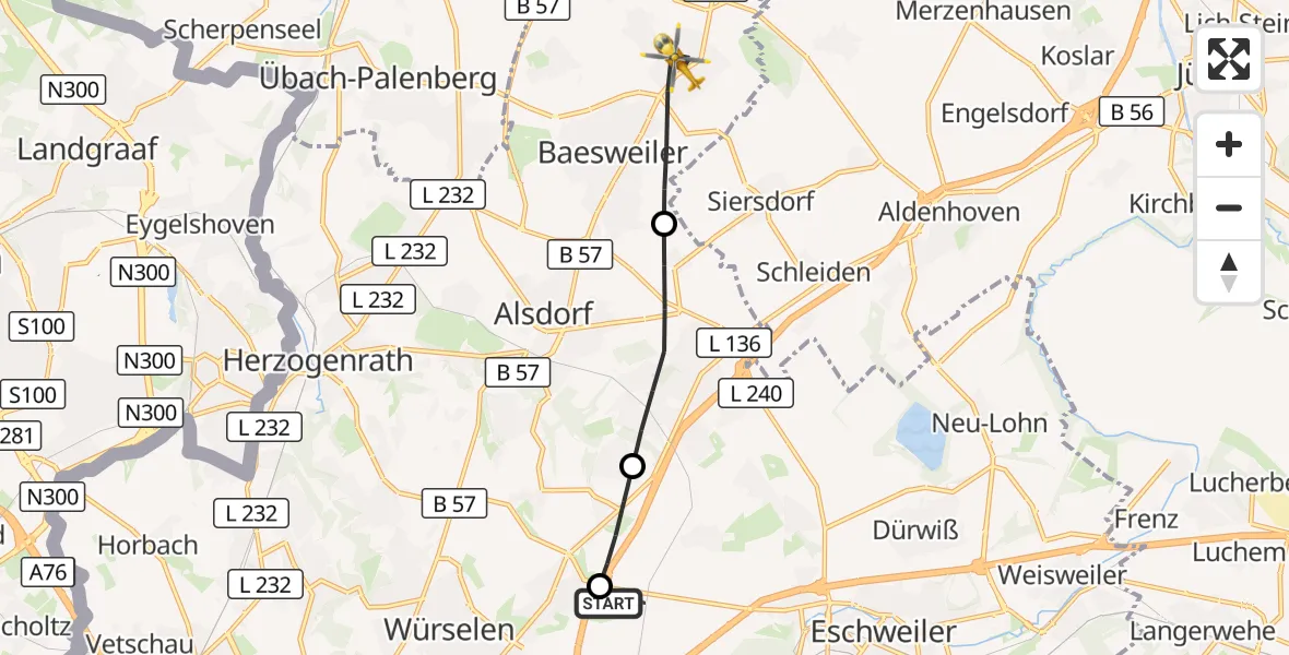 Flugroute Rettungshubschrauber Aachen-Merzbrück Flughafen - Baesweiler, 03 Oktober 2026, 14:57