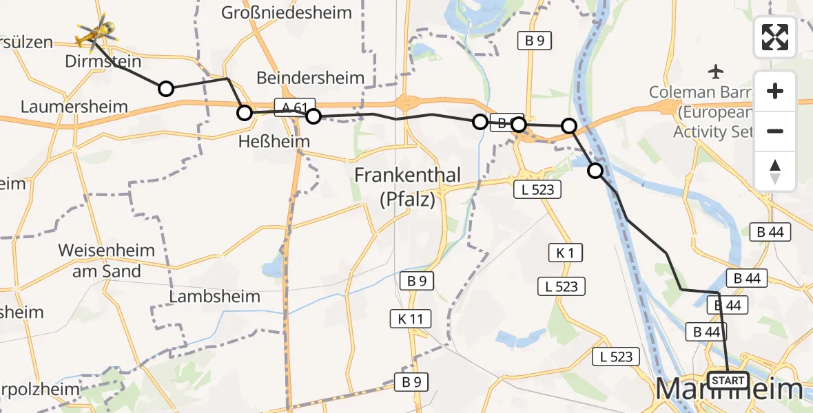 Flugroute Rettungshubschrauber Mannheim - Dirmstein, 03 Oktober 2026, 14:58