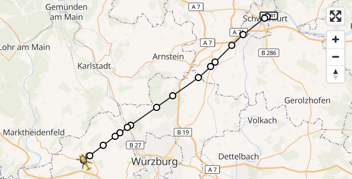 Flugroute Rettungshubschrauber Leopoldina Schweinfurt City Hospital - Uettingen, 03 Oktober 2026, 15:04