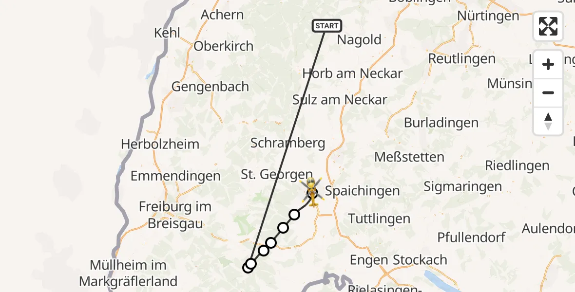 Flugroute Ambulanzhubschrauber Altensteig - DRF Air Rescue Station Villingen-Schwenningen Hubschrauberlandeplatz (Christoph 11), 03 Oktober 2026, 15:14