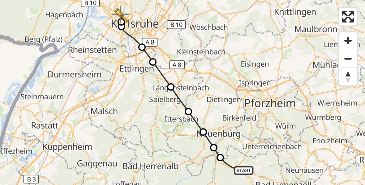 Flugroute Rettungshubschrauber Schömberg - Karlsruhe, 03 Oktober 2026, 15:19