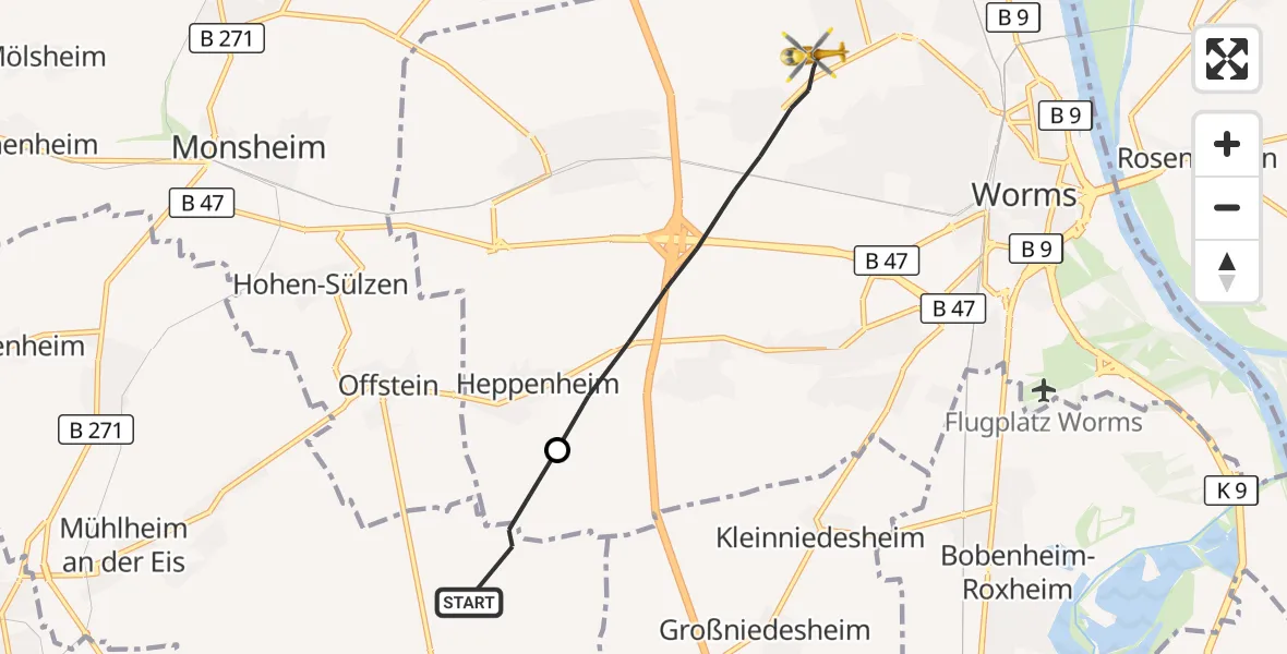Flugroute Rettungshubschrauber Dirmstein - Worms, 03 Oktober 2026, 15:22