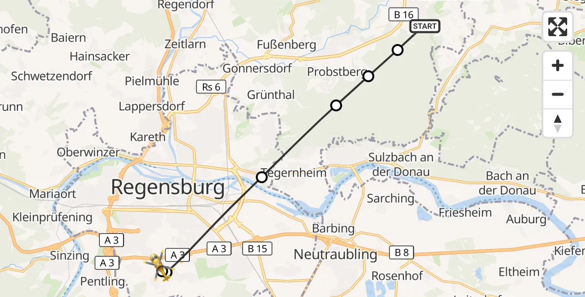Flugroute Rettungshubschrauber Bernhardswald - DRF Air Rescue Station Regensburg / Regensburg University Hospital, 03 Oktober 2026, 15:30
